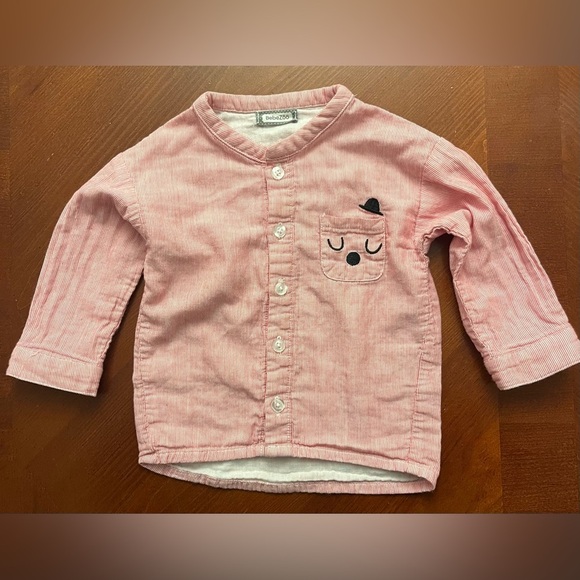 Pink Striped European Style Button Down Shirt 12-18 Months Kitty - Picture 1 of 1